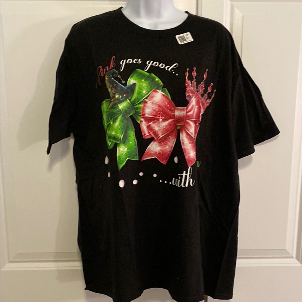 Port and Company Black Wicked-themed Tee with Green and Pink Bows